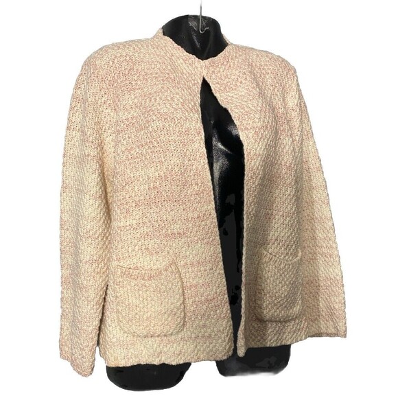 Orvis Open Knit Cardigan Womens Buttonless XL Pink Off White Front Pockets - Picture 5 of 7